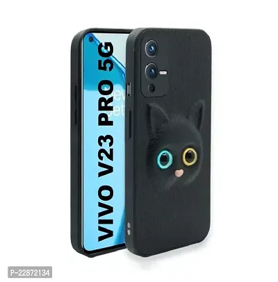 Fastship Coloured 3D POPUP Billy Eye Effect Kitty Cat Eyes Leather Rubber Back Cover for Vivo V23 5G  Pitch Black