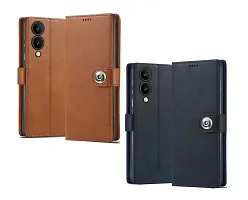 Fastship Genuine Leather Finish Combo 2 Flip Cover for Vivo V2310 / Y17s 4G | Wallet Button Magnetic for Vivo Y17s 4G - Brown / Blue-thumb1