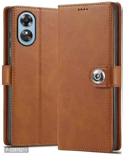 Fastship Genuine Matte Leather Finish Flip Cover for Oppo CPH2471  A17K  Inside Back TPU  Inbuilt Stand  Wallet Stylish Button Magnetic Closure for Oppo A17K  Brown-thumb0