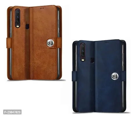 Fastship Combo 2 Flip Cover for Vivo 1902 / Y17 | Wallet Stylish Button Magnetic - Brown / Blue-thumb2