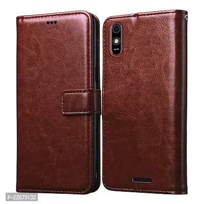 Fastship Vintage Magnatic Button Case Inside Build Back TPU Stand View Lether Flip Cover for Lava Z61p  Z61 Pro  Brown-thumb2