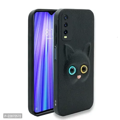 Coverage Coloured 3D POPUP Billy Eye Effect Kitty Cat Eyes Leather Rubber Back Cover for Vivo Y12s  Pitch Black