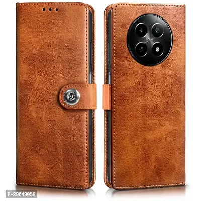 Fastship Genuine Leather Finish Flip Cover for Realme RMX3998 / 12x / 12 5G| Inside Back TPU Wallet Button Magnetic Closure for Realme 12x 5G - Brown-thumb0