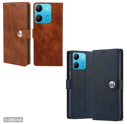 Fastship Leather Finish Combo 2 Flip Cover for Infinix Smart 7 HD | Wallet Button Magnetic for Infinix X6516 / Smart 7 HD - Brown / Blue-thumb2