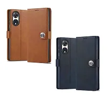 Fastship Genuine Leather Finish Combo 2 Flip Cover for Reno 8T 5G - CPH2505 | Wallet Button Magnetic for OPPO Reno8T 5G - Brown / Blue-thumb1