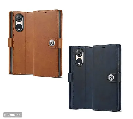 Fastship Genuine Leather Finish Combo 2 Flip Cover for Reno 8T 5G - CPH2505 | Wallet Button Magnetic for OPPO Reno8T 5G - Brown / Blue-thumb2