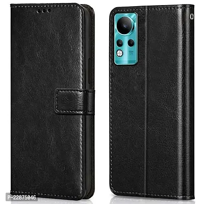 Fastship Vintage Magnatic Button Case Inside Build Back TPU Stand View Lether Flip Cover for Infinix Note 11  X663  Black-thumb2