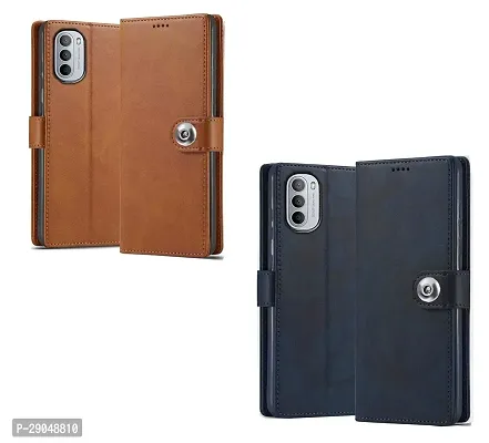 Fastship Motorola Moto G82 5G Combo 2 Flip Cover imported TPU Wallet Button Magnetic Book Leather Combo 2 Flip Cover for Motorola G82 5G - Blue / Brown-thumb0