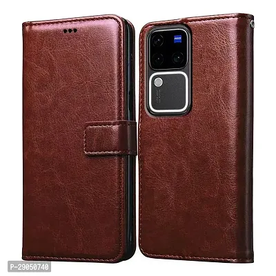 Fastship Vintage Magnatic Closer Matte Leather Flip Cover for Vivo V2319 / V30 Pro 5G - Tan Brown-thumb0