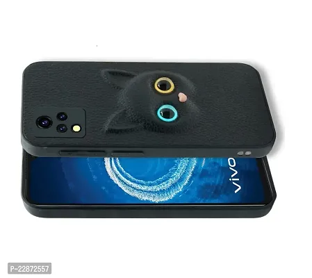 Coverage Coloured 3D POPUP Billy Eye Effect Kitty Cat Eyes Leather Rubber Back Cover for Vivo V21 5G  Pitch Black-thumb2
