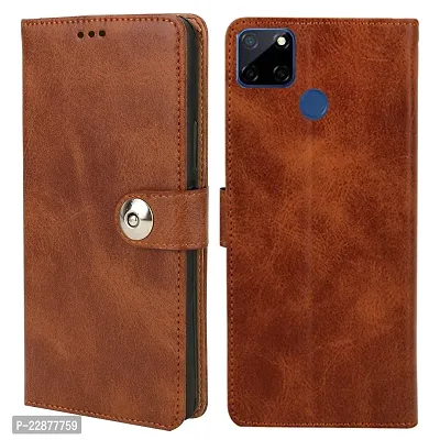 Fastship Cover Genuine Matte Leather Finish Flip Cover for Realme RMX3197  C25s  Wallet Style Back Cover Case  Stylish Button Magnetic Closure  Brown-thumb0