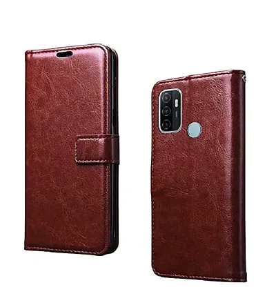 Cloudza Oppo A53 Flip Back Cover | PU Leather Flip Cover Wallet Case with TPU Silicone Case Back Cover for Oppo A53 Brown