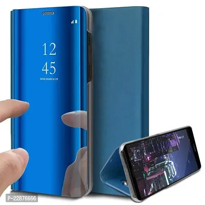 Fastship Protective Leather Mirror s View Kickstand Semitransparent Glass Flip Cover for Samsung A70  Diamond Navy Blue