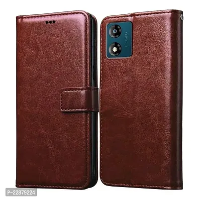 Fastship Case Leather Finish Inside TPU Wallet Stand Magnetic Closure Flip Cover for Motorola E13  Executive Brown-thumb0