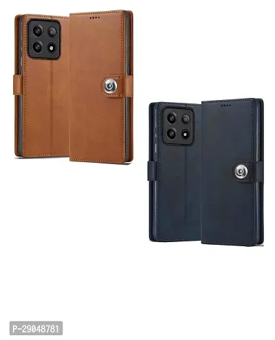 Fastship Genuine Leather Finish Combo 2 Flip Cover for POCO X6Pro 5G | Wallet Button Magnetic for POCO X6 Pro 5G - Brown / Blue-thumb2