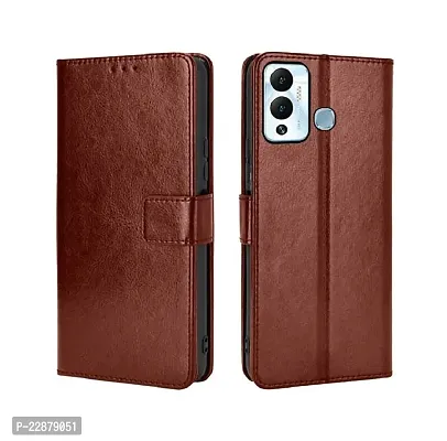 Fastship Vintage Magnatic Button Case Inside Build Back TPU Stand View Lether Flip Cover for Infinix X6816C  HOT 12 Play  Brown-thumb2