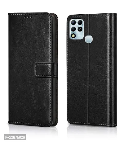 Fastship Vintage Magnatic Button Case Inside Build Back TPU Stand View Lether Flip Cover for Infinix X689F  Hot 12  Black-thumb2