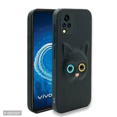 Coverage Coloured 3D POPUP Billy Eye Effect Kitty Cat Eyes Leather Rubber Back Cover for Vivo V21 5G  Pitch Black-thumb0