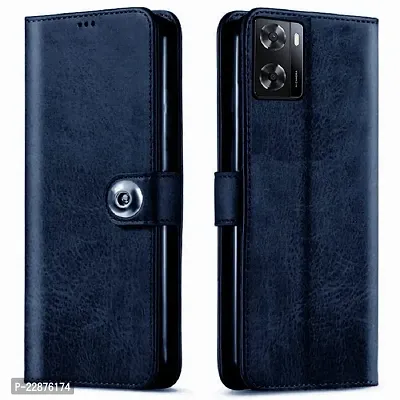 Fastship Genuine Matte Leather Finish Flip Cover for Oppo CPH2473  Oppo A77s  Inside Back TPU  Inbuilt Stand  Wallet Stylish Button Magnetic Closure for Oppo A77s  Navy Blue-thumb0