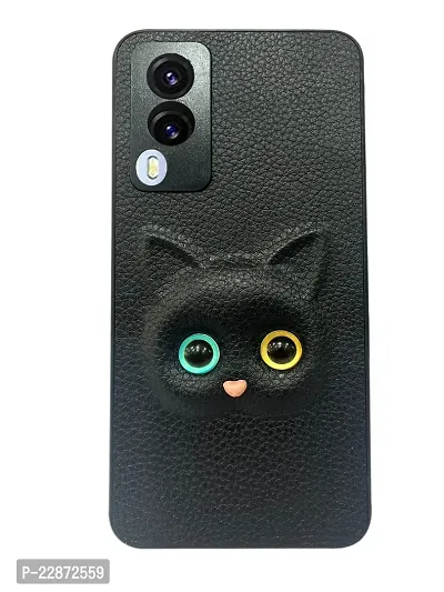 Coverage Coloured 3D POPUP Billy Eye Effect Kitty Cat Eyes Leather Rubber Back Cover for Vivo V21e  Pitch Black