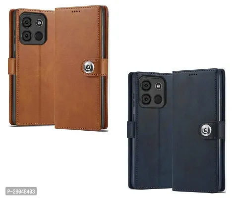 Fastship Genuine Matte Leather Combo 2 Flip Cover for Itel A662LM / A60 / A60s / A662L | Wallet Stylish Button Magnetic for Itel A60 / A60s - Brown / Blue-thumb2