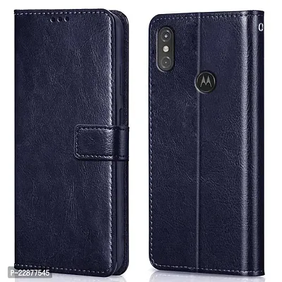 Fastship Case Leather Finish Inside TPU Wallet Stand Magnetic Closure Flip Cover for Motorola One Power  Navy Blue-thumb0