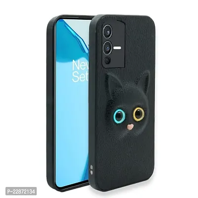 Fastship Coloured 3D POPUP Billy Eye Effect Kitty Cat Eyes Leather Rubber Back Cover for Vivo V23 5G  Pitch Black-thumb2