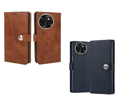 Fastship Case Leather Finish Combo 2 Flip Cover for itel S665L / itel_S23 | Wallet Button Magnetic for itel S23 - Brown / Blue-thumb1