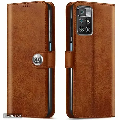 Fastship Cover Genuine Matte Leather Finish Flip Cover for Mi REDMI 10Prime  Wallet Style Back Cover Case  Stylish Button Magnetic Closure  Brown