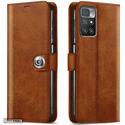 Fastship Cover Genuine Matte Leather Finish Flip Cover for Mi REDMI 10Prime  Wallet Style Back Cover Case  Stylish Button Magnetic Closure  Brown-thumb0