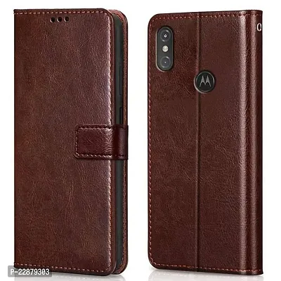 Fastship Case Leather Finish Inside TPU Wallet Stand Magnetic Closure Flip Cover for Motorola One Power  Executive Brown-thumb0