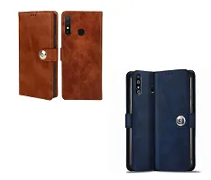 Fastship Leather Finish Combo 2 Flip Cover for Infinix X650C / Hot 8 | Wallet Button Magnetic for Infinix Hot 8 - Brown / Blue-thumb1