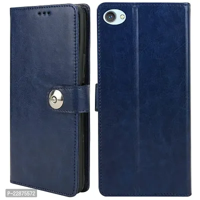 Fastship Cover Genuine Matte Leather Finish Flip Cover for Vivo 1603  Y55L  Wallet Style Back Cover Case  Stylish Button Magnetic Closure  Navy Blue