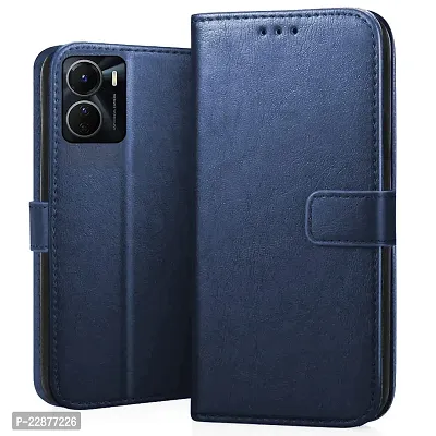 Fastship Leather Finish Inside TPU Wallet Back Case Stand Magnetic Closure Flip Cover for Vivo Y16  Navy Blue