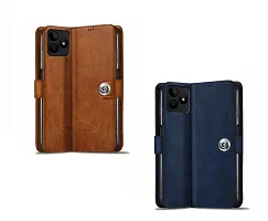 Fastship Genuine Leather Finish Combo 2 Flip Cover for Realme N53 - RMX3761 | Wallet Button Magnetic for Realme Narzo N53 - Brown / Blue-thumb1