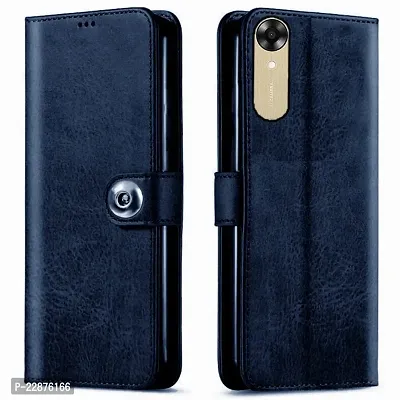 Fastship Genuine Matte Leather Finish Flip Cover for Oppo CPH2471  A17K  Inside Back TPU  Inbuilt Stand  Wallet Stylish Button Magnetic Closure for Oppo A17K  Navy Blue-thumb0