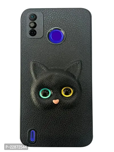 Coverage Coloured 3D POPUP Billy Eye Effect Kitty Cat Eyes Leather Rubber Back Cover for Tecno Spark 6 Go  Pitch Black