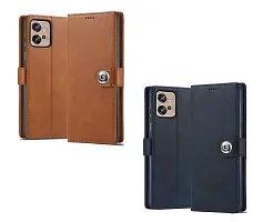 Fastship Genuine Leather Finish Combo 2 Flip Cover for Motorola Moto G32 | Wallet Button Magnetic for Motorola G32 - Brown / Blue-thumb1