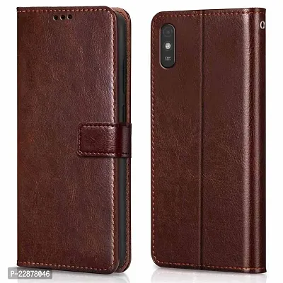 Fastship Vintage Leather TPU Back Case Book Flip Cover for REDMI 9A  Executive Brown