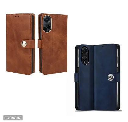 Fastship Case Leather Finish Combo 2 Flip Cover for OPPO CPH2527 / OPPO_F23 5G | Wallet Button Magnetic for OPPO F23 5G - Brown / Blue-thumb2