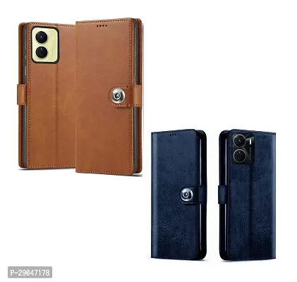 Fastship Combo 2 Flip Cover for Vivo V2204 / Y16 | Wallet Stylish Button Magnetic - Brown / Blue-thumb2