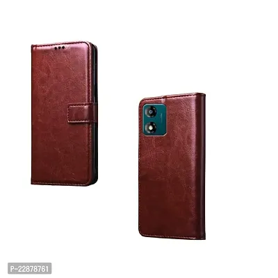Fastship Vintage Magnatic Button Case Inside Build Back TPU Stand View Lether Flip Cover for Motorola E13  Brown