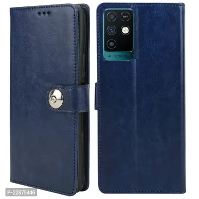 Fastship Cover Genuine Matte Leather Finish Flip Cover for Infinix X693  Note 10  Wallet Style Back Cover Case  Stylish Button Magnetic Closure  Navy Blue-thumb0