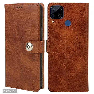 Fastship Cover Genuine Matte Leather Finish Flip Cover for Realme RMX2180  Realme C15  Wallet Style Back Cover Case  Stylish Button Magnetic Closure  Brown-thumb0