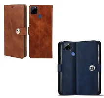 Fastship Combo 2 Flip Cover for Realme RMX2180 / Realme C15 | Wallet Stylish Button Magnetic - Brown / Blue-thumb1