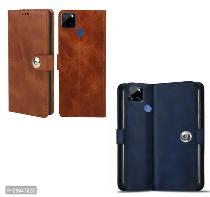 Fastship Combo 2 Flip Cover for Realme RMX2180 / Realme C15 | Wallet Stylish Button Magnetic - Brown / Blue-thumb2