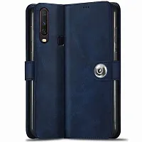 Fastship Genuine Matte Leather Finish Flip Cover for Vivo 1901  Y15  Inside TPU  Inbuilt Stand  Wallet Style Back Cover Case  Stylish Button Magnetic Closure  Navy Blue-thumb1