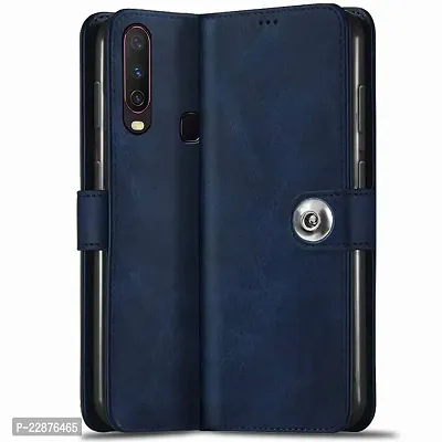 Fastship Genuine Matte Leather Finish Flip Cover for Vivo 1901  Y15  Inside TPU  Inbuilt Stand  Wallet Style Back Cover Case  Stylish Button Magnetic Closure  Navy Blue-thumb2