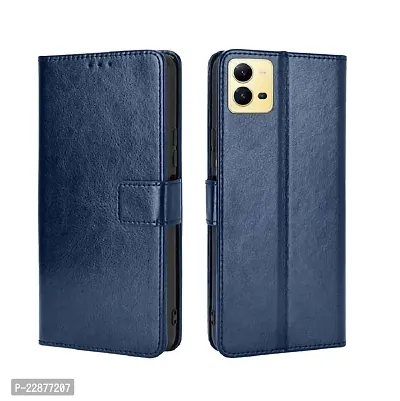 Fastship Leather Finish Inside TPU Wallet Stand Magnetic Closure Flip Cover for Vivo V25 5G  Navy Blue