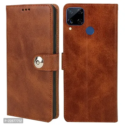 Fastship Cover Genuine Matte Leather Finish Flip Cover for Realme RMX2195  C15 Qua EDI  Wallet Style Back Cover Case  Stylish Button Magnetic Closure  Brown-thumb0